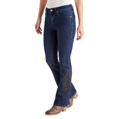 Navy embroidered flared jeans